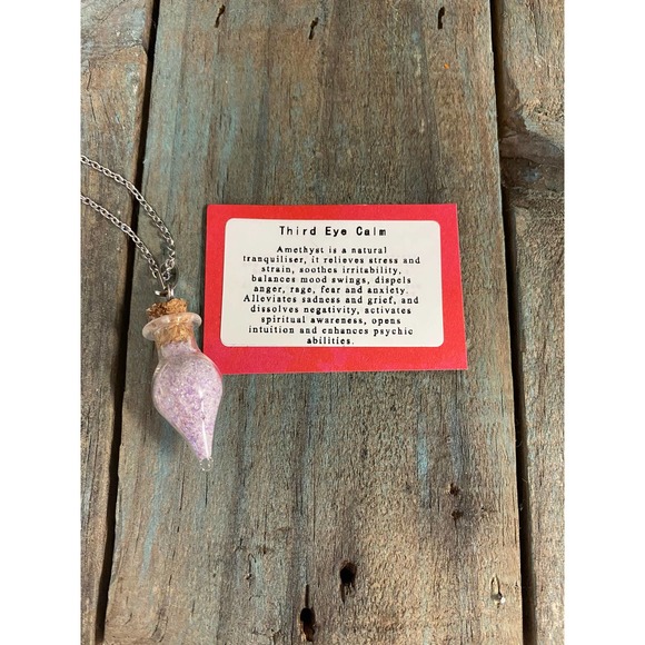 Amethyst sand crystal spell jar vial stainless steel necklace anxiety third eye - Picture 2 of 2